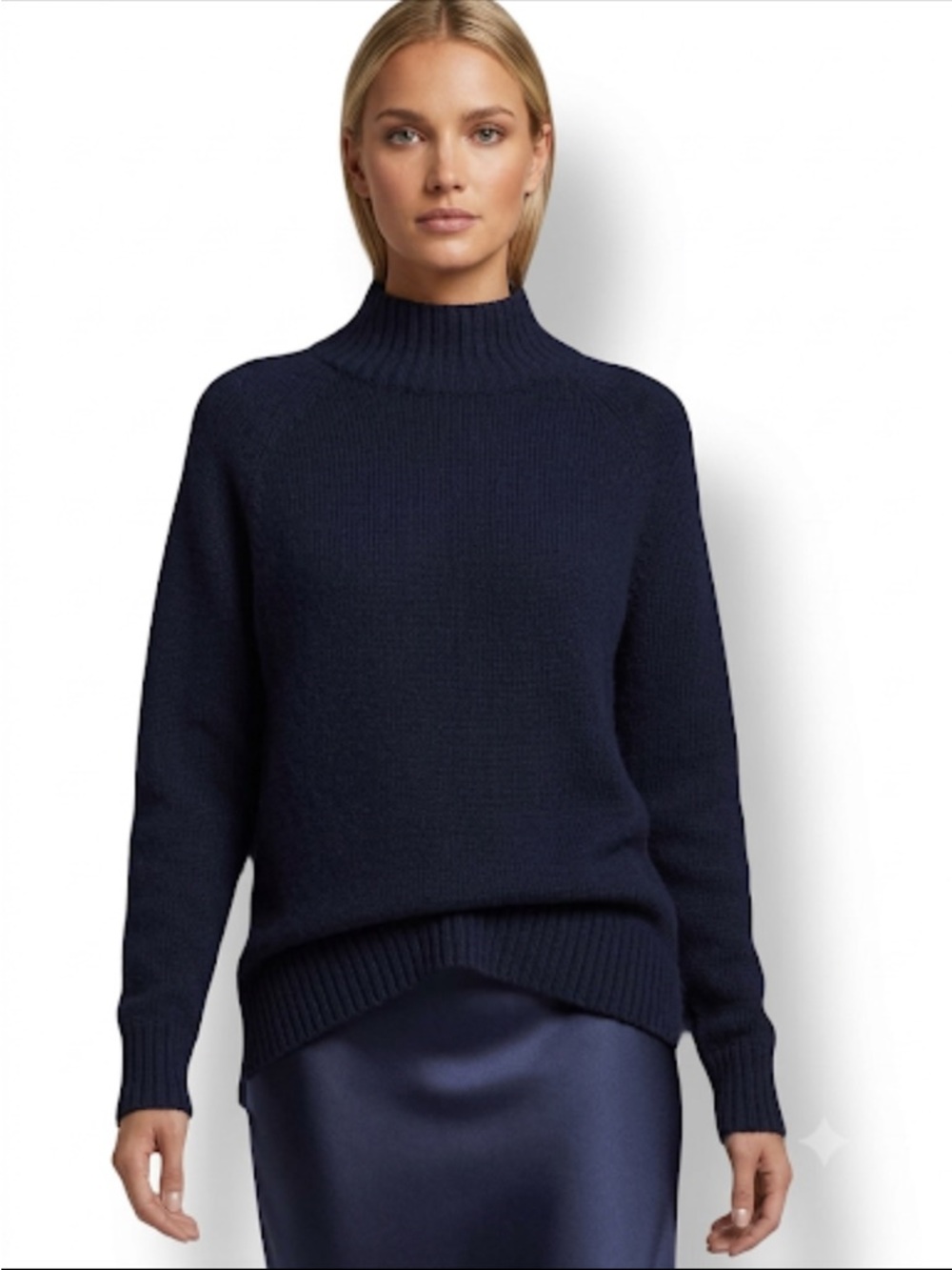 Theory Linella Boucle Cotton Bld Mock Neck Pullover Sweater Tunic Navy P (US 0)